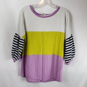 Main Strip Womens Large White Navy Blue Lilac Wide Puff Half Slv Blouse Sz Large